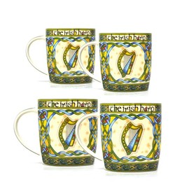 Royal Tara Irish Harp Mug Set with Matching Irish Box Bone China Cup Capacity is 370ml/12.5fl Tea and Tea Bag Holder Present Gift (4 Harp Mugs), CL-73-5-Boxed