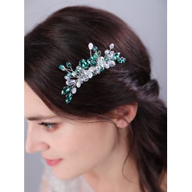 Teyglen Green Teardrop Hair Comb Bride Rhinestone Wedding Hair Comb Handmade Crystal Hair Piece Party Prom Hair Accessories for Bride Cute Rhinestone Headpiece for Women (Green)