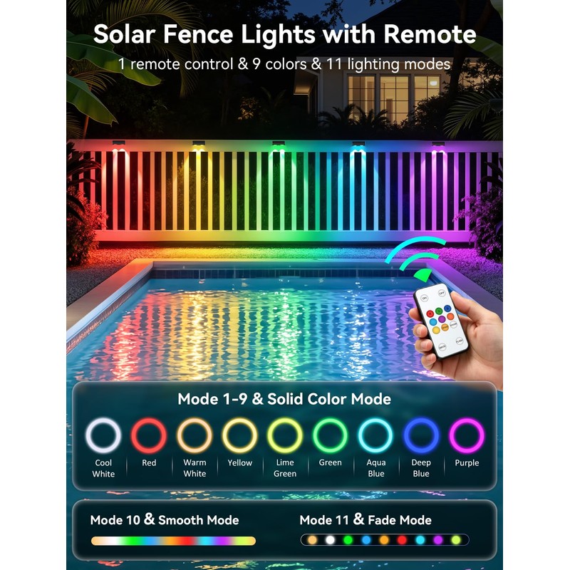 nibuuecer Solar Fence Lights Outdoor with Remote, 8 Pack 9