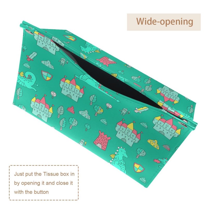 2 Pack Tissue Box Cover Holder, Green Dinosaurs Castle Rectangle