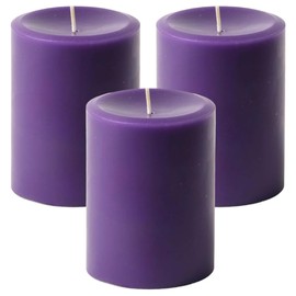 Mister Candle Dripless Unscented Pillar Candles, Set of 3 Hand Poured Solid Color Non-Scented Candles for Home Decor, Premium Wax, 60 Hr Burn Time - 3x4 Inch, Purple