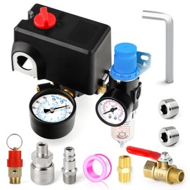MEANLIN MEASURE Air Compressor Pressure Switch Control Valve 120-155 PSI 110V-240V 4-way Lateral Port Replacement Parts With AFR2000 Air Line Filter and Safety Pressure Relief Valve