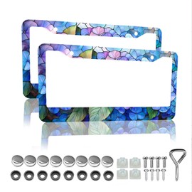 Stained Glass Hydrangea Pattern License Plate Frame - 2 Packs Universal Stainless Steel Car License Plate Frames Covers Holder Rustproof for Men Women