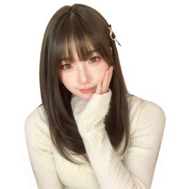 PEACOCO Medium Straight Semi-Long Natural Wig, Full Wig, Layer, Women's Wig, Small Face, Cute, Net, Ash Brown