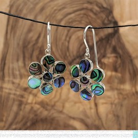 Silverly Women's 925 Sterling Silver Abalone Shell Blue Green Large Flower Drop Earrings, Sterling Silver, Abalone