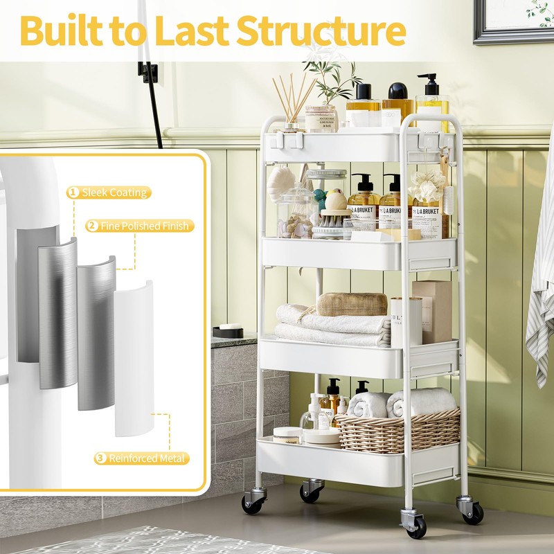 TOOLF 4-Tier Metal Rolling Cart with Wheels, Storage Utility Organizer