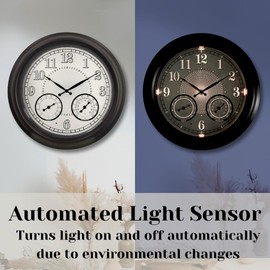 Illuminated Large Outdoor Clock - 18 inch Indoor Outdoor Night Light Wall Clock with Smart LED Sensor, Temperature and Humidity Combo - Weatherproof & Easy to Read for Pool, Patio & Home Decor