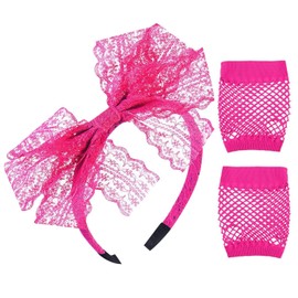 1 Piece Lace Bow Headband with 1 Pair of Mesh Gloves, Neon Hair Accessories for Girls, 80s Headband, Cute Bow Headband, Suitable for Parties, Celebrations, Stage Performances