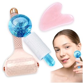 Kalevel Beauty Ice Roller Face Massager Skin Care Tools and Gua Sha Facial Tool with Blue Ice Globe Set for Women Neck Body Lifting Migraine