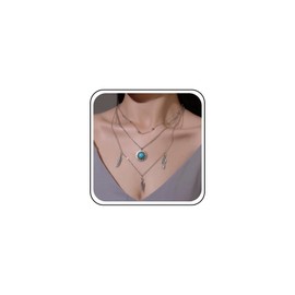 Inilbran Boho Layered Turquoise Choker Necklace Silver Leaf Feather Pendant Necklace Silver Turquoise Stone Necklace Choker Green Turquoise Gemstone Necklace Chain Necklace Jewelry for Women and Girls