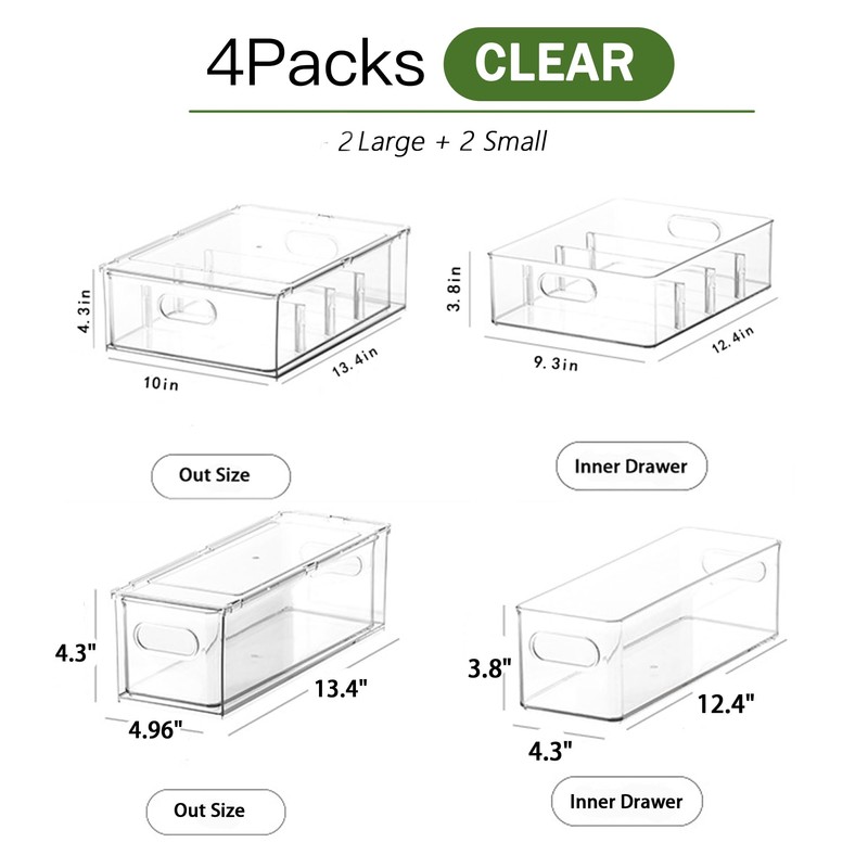 4 Pack Stackable Refrigerator Organizer Bins with Pull Out Drawers