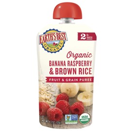 Earth's Best Organic Stage 2 Baby Food, Banana Raspberry & Brown Rice, 4.2 oz Pouch (Pack of 12)