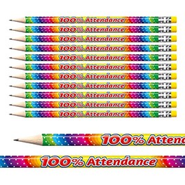 12 Rainbow Metallic 100% Attendance Award Pencils Colourful Pupil Children Rewards Motivational Pre - Sharpened Brainwaves Primary Teaching Services