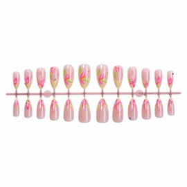 MISUD Almond Press on Nails Medium Fake Nails Glossy Glue on Nails Yellow French Tip Acrylic Nail Supplies Stiletto Artificial Nail Art Pink Flower Stick on False Nails with Design DIY 24 pcs