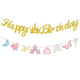 SYUCVQI Princess Birthday Banner - Gold Glitter Princess Birthday Party Decorations Pink Birthday Banner Garland with Castle Crown Carriage Floral Diamond High Heel for Girls Princess Baby Shower