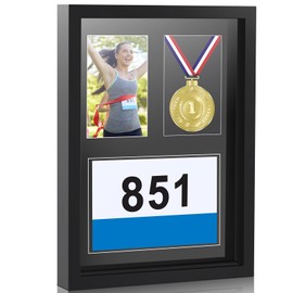 RattanView 17 x 12.5 Inches 3 in 1 Shadow Box Display Black Medal Photo Framing Kit Medal Frame Display Case Runners Triathlon and Running Bib Holder for Medal, Race Bibs, Photo Display Race Winner