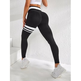 Floerns Women's High Waist Seamless Colorblock Striped Print Yoga Sports Leggings Black X-Small