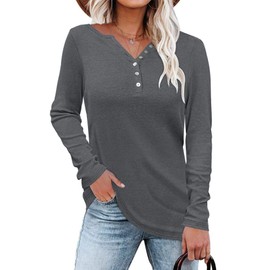 WNEEDU Women's Long Sleeve Tops Tunic V Neck Henley Shirts Loose Button Blouse