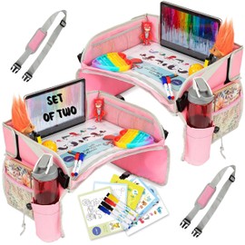 PILLANI Kids Travel Tray for Car - Car Seat Tray for Kids Travel, Road Trip Essentials Must Haves - Carseat Table Roadtrip Activities - Toddler Lap Desk Organizer for Airplane - Pack of 2, Pink