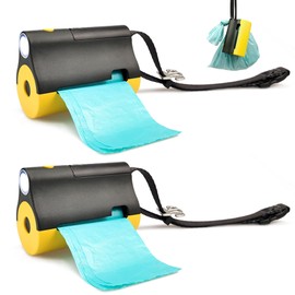 YUCHIYA 3 in 1 Dog Poop Bags Holder with Built-in LED Flashlight for Leash and Metal Clip for Hanging Used Bags Bi-Color Dog Waste Bags Dispenser with Wristler(2 Holder 30 Bags, Black&Yellow)
