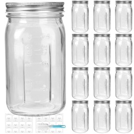 Glass Regular Mouth Mason Jars, 12 Pack 32 oz Wide Mouth Glass Canning Jars with Silver Aluminum Lids and Bands, Airtight Jars for Food Storage, Canning, Overnight Oats, Fermenting, Pickling, Decor