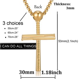 Cross Necklace for men by Pendant Baseball Bat Cross Necklace Sports Stainless Steel Baseball Athletes men boys gift,Gold 24inch