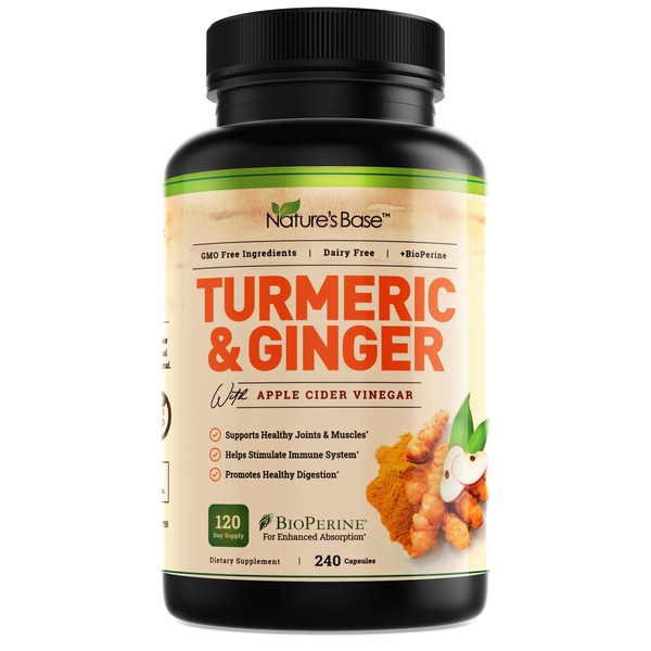 Turmeric Curcumin Supplement with Ginger & Apple Cider Vinegar (240 Count) - BioPerine Black Pepper, Tumeric & Ginger - 95% Curcuminoids & Joint Supplement - Antioxidant Tumeric Supplements Capsules