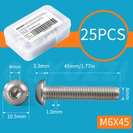 M6 x 45mm Button Head Socket Cap Screws Bolts, Stainless Steel 304, Bright Finish, Fully Threaded, Metric Allen Hex Drive, 25PCS