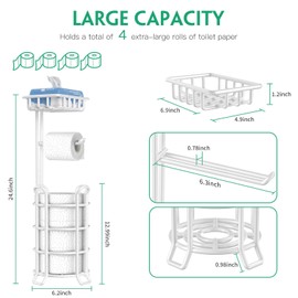TomCare Toilet Paper Holder Stand with Shelf 4 Raised Feet Upgraded Free Standing Toilet Paper Roll Storage with Tissue Paper Dispenser Metal Bathroom Storage Organization (White)
