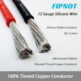 FIPNOT 12 AWG Wire 12 Gauge Silicone Wire - 50ft Black Spool, Extra Flexible 12AWG Stranded Tinned Copper Wire 200℃ 600V - Automotive, Battery, Solar, Marine