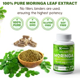 Moringa Capsules| 300 Capsules| Moringa Oleifera| 10,000mg| 100% Pure & Natural| Non-GMO and Gluten Free Supplement | Complete Green Superfood | Moringa Leaf Extract Powder