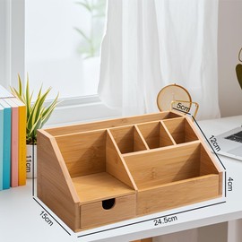 Wooden Desk Organiser, Desk Tray, Office Organiser with Drawer, Pen Holder Made of Bamboo, Extendable Drawer Organiser for Pen, Scissors, Ruler and A5 Sheets Can Be Stored