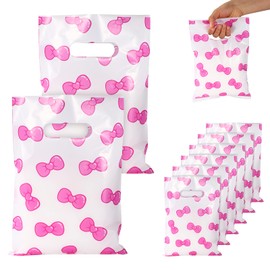 50pcs Pink Bow Gift Bag, Cute Coquette Cartoon Favor Treat Goodie Bags Print Bow Pattern with Handle Birthday Decoration for Candy Kids Baby Shower Birthday Party Supplies