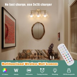 Shenmoyl Battery Operated Bathroom Light Fixtures, 3-Light Brass Vanity Wall Light with 5000mAh Rechargeable Bulb Over Mirror with Clear Tulip Glass Shade for Bedroom Living Room