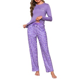 Demegimi Women's Long Pyjamas Cotton Winter Sleepwear Crew Neck Pyjamas with Hearts Loungewear Sleepwear Leisure Suit, dark purple