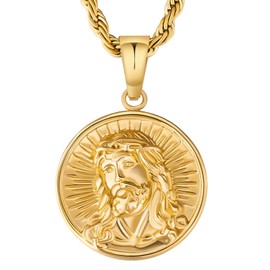 KRKC&CO Herren Münze Anhänger Kette, Jesus Kreuz Medaillen Anhänger Münzkette, 18K vergoldet Edelstahl Goldkette 2,5mm 56cm, Römischer Kettenanhänger Glücksbringer, Geschenk für Jungs Männer