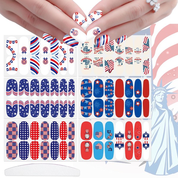 JERCLITY 6 Sheets Independence Day Nail Wraps for Women Self-Adhesive