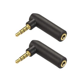 3.5mm Stereo Right Angle (Set of 2) 4 Pole Mini Plug to 3.5mm Stereo 4 Pole Mini Jack Converter Connector Adapter, Gold Plated Headphone / Earphone Disconnect Prevention Connector Adapter Male Female