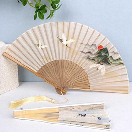 GFM® Bamboo Silk Handheld Folding Japanese Chinese Hand Fan Fan for Summer, Wedding (FLSLK-MR-E) (Japanese Cranes-JC-3) (FLSLK-AL051-3)