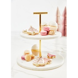 Santa Barbara Design Studio 2-Tiered Marble Tray with Gold Metal Stand Round Serving Tray for Desserts Pastries and Cupcakes, 12" Diameter x 12" H, White/Gold