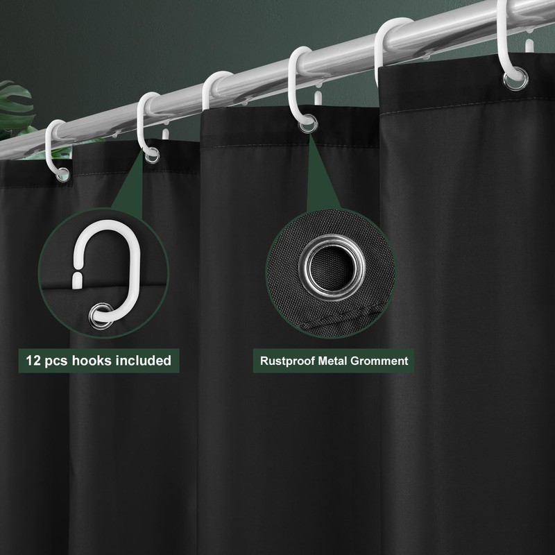 UFRIDAY Black Fabric Shower Curtain Liner 72 x 72 inches