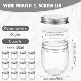 Tanlade 60 Pcs 4 oz Clear Plastic Wide Mouth Mason Jars with Lids Small Honey Jar Mini Storage Containers Bulk for Herb Jelly Butter Wedding Favors Shower Party (Silver)