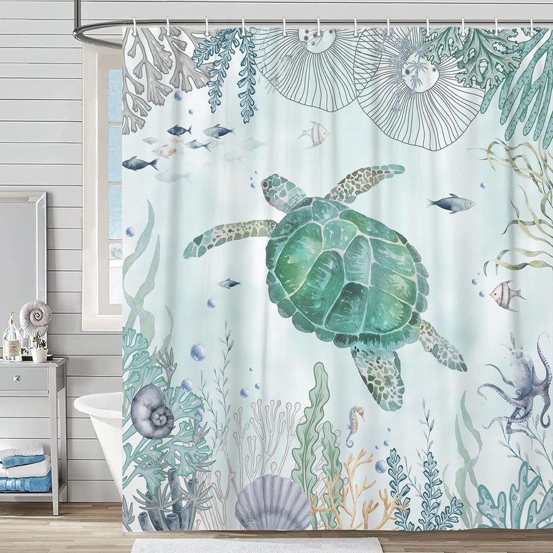 Sea Turtle Shower Curtain - Nautical Beach Underwater Decorative Shower