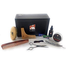 Kit profesional para el cuidado de la barba de los hombres – Aceite para barba de sándalo, cepillo para barba, bálsamo para barba de sándalo, tijeras de barba, peine de peluquería, peine para bigote y afeitadora + cuchillas