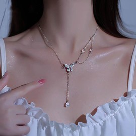 Dainty Crystal Butterfly Pendant Necklace Silver Y Shaped Necklace Rhinestone Butterfly Y Drop Chain Necklace Cz Teardrop Y Necklace Choker Thin Simple Lariat Necklace Women Wedding Bridesmaid Jewelry