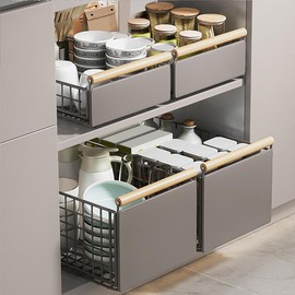 Pull-Out Under Sink Organizer, 1 Count Multifunctional Single Bathroom Storage Rack with Wooden Handle, Spice Organizer Shelf for Kitchen Cabinet - Color: Gray, Specification: High Frame Style