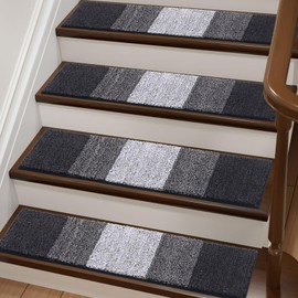 OLANLY Stair Treads Non Slip 4PCS, 8" x 30" Indoor Stair Runners for Wooden Steps, Edging Stair Rugs with Reusable Peel and Stick Adhesive for Kids Elders and Pets, Black