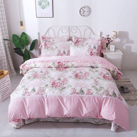 FADFAY Rosette Floral Duvet Cover Sweet Pink Girls Bedding Set 100% Cotton Ultra Soft Bed Sheets Set,7Pcs (1 Duvet Cover +1 Fitted Sheet+ 1 Flat Sheet +2 Standard+2 King Pillowcases) King Size