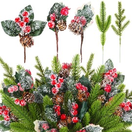 Yunlly 60 Pcs Christmas Artificial Green Pine Needles, Christmas Floral Picks Artificial Holly Red Berry Twig Stem Pine Snowy Cone Branches Garland Bulk for Tree Craft Holiday Winter (Snow Style)