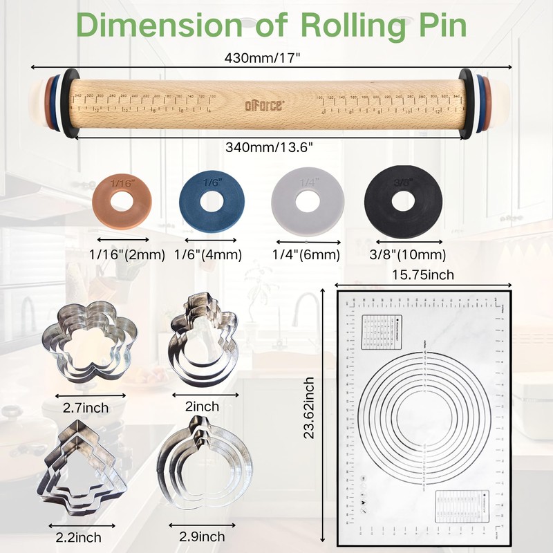 Rolling Pin with Thickness Rings,13.6" Dough Roller with Mat&4 Cookie